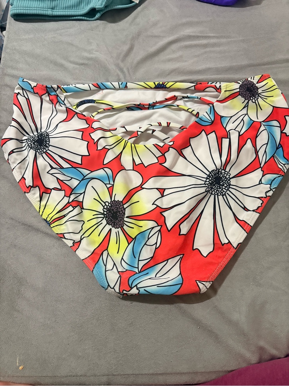 Floral High-Waist Bikini Bottoms — orange, White, Yellow, Blue criss cross back